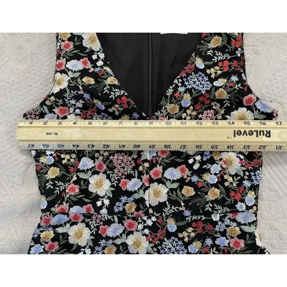 Eliza J Sz 4 Slvls Embroidered Fit N Flare V Neck Black All Over Floral Dress